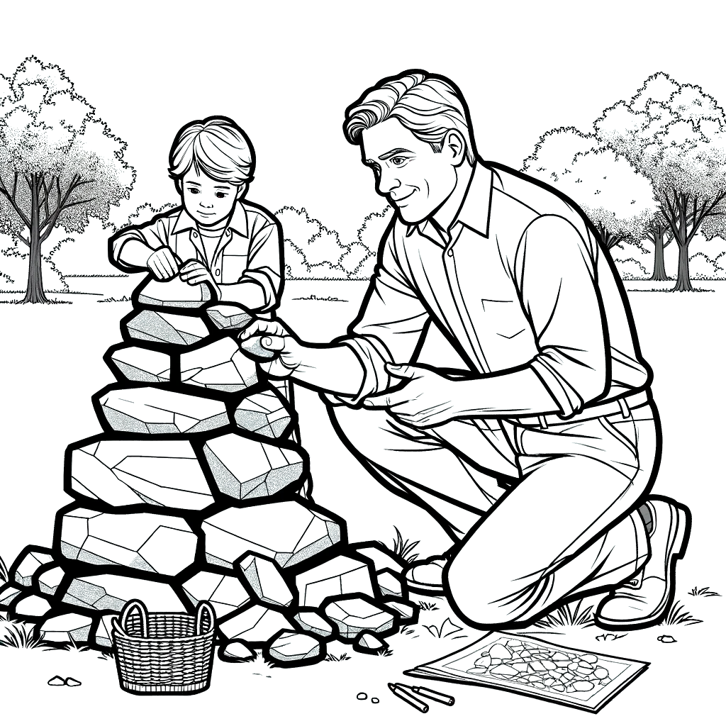Dad and kid creating rock sculpture coloring book page